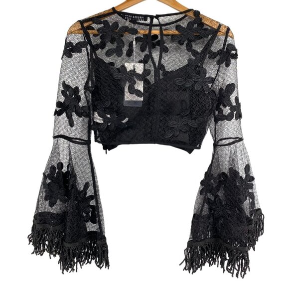 Anthropologie Endless Rose Floral Lace Crop Top & Camisole Set Black XS New - Picture 6 of 9